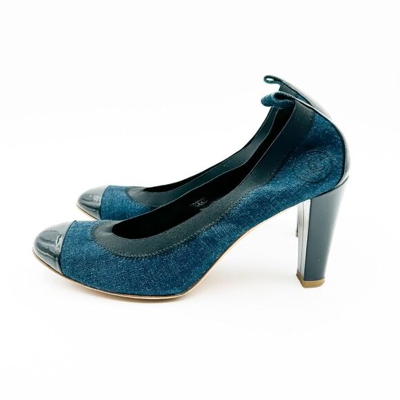 Chanel Elastic CC Logo Blue Denim Pumps High Heels Size 39 US 8-8.5 - Picture 4 of 11